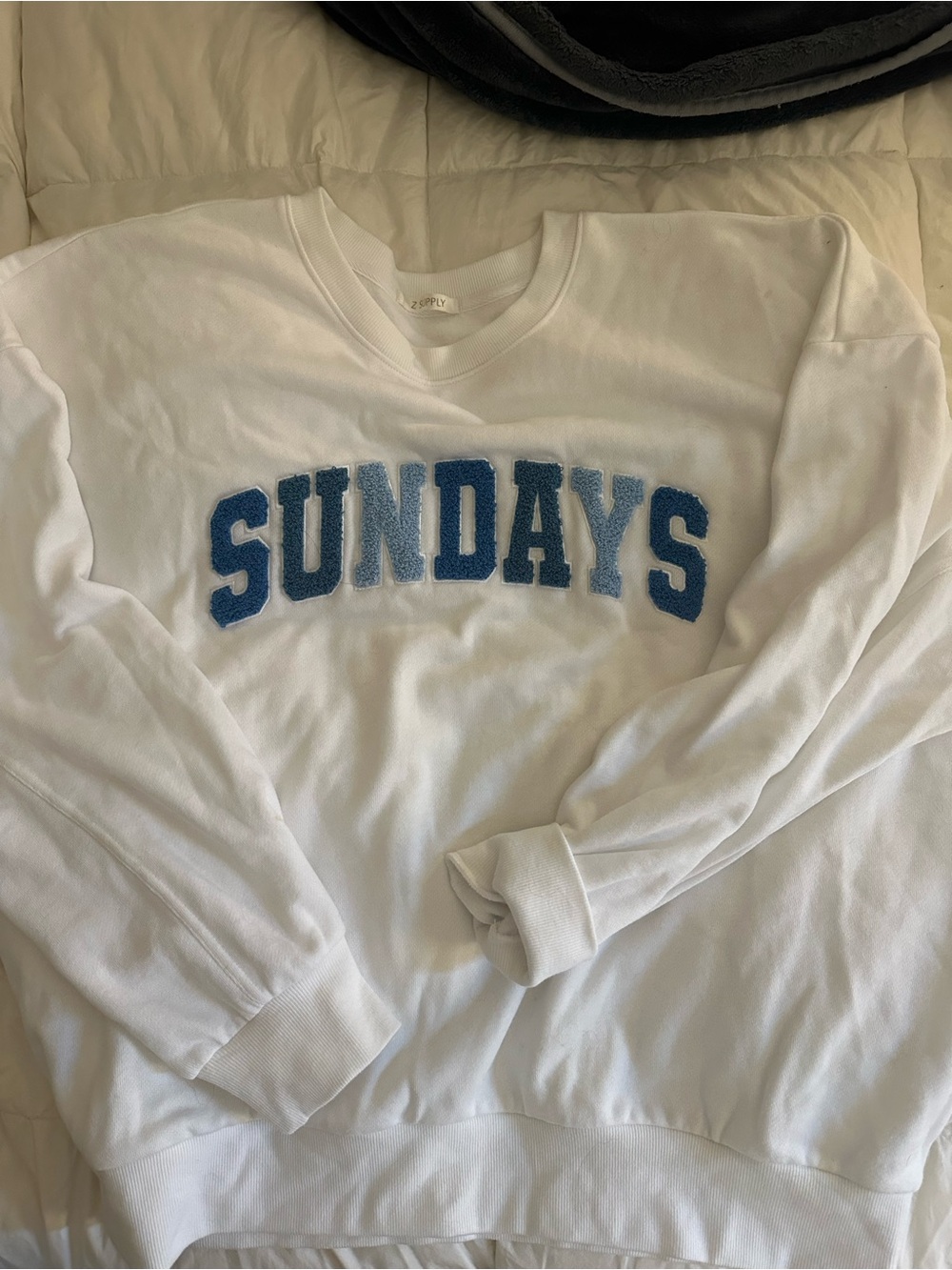 Z SUPPLY SUNDAYS White Crewneck Sweatshirt with Blue Chenille Lettering